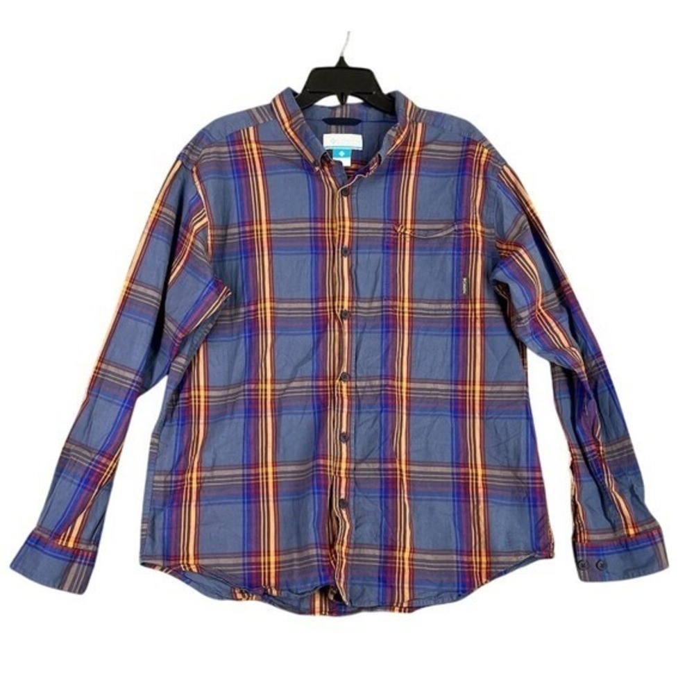 Columbia Plaid Button Down Shirt Mens XL Blue Orange Long Sleeve Casual Outdoor